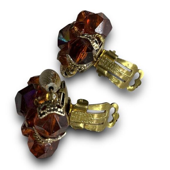 Vintage Classy Gold Toned Brown Garnet Burnt Orange Beaded Crystal Cluster Clip - Picture 2 of 7